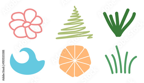 Abstract Organic Nature Doodle Shapes Set with Floral, Leaf and Botanical Elements on Transparent White Background