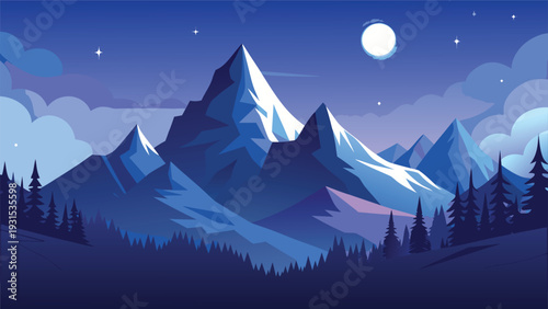 Majestic mountains under the moonlight with a serene forest below Vector