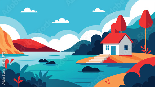 A picturesque lakeside house surrounded by lush greenery and vibrant flowers Vector