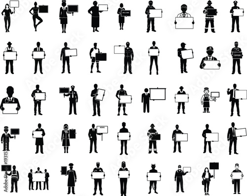 Collection of people performing various occupations and actions in silhouette