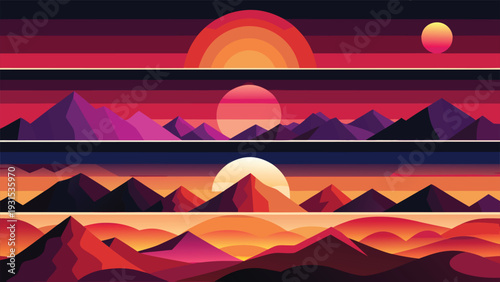 A vibrant sunset over a mountain landscape with a pixel art style Vector