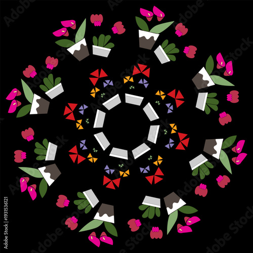 Logo geometric flowers,   black background.
