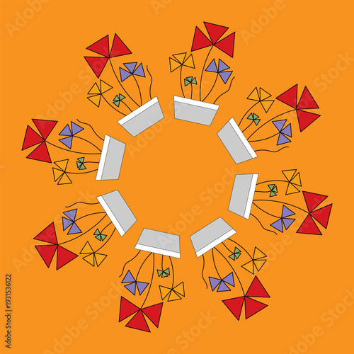 Logo design geometric  flowers in a pot arranged in a circle.