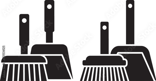 Set of black and white simple icons for brooms and dustpans, perfect for cleaning service logos and home maintenance themes.