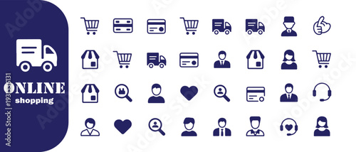 Online shopping vector icons set with various symbols for e-commerce retail and digital transactions including delivery