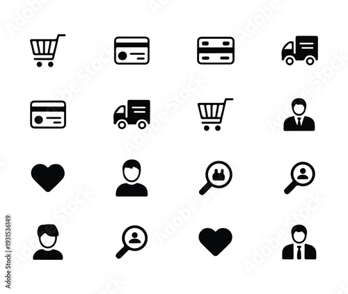 Black and white online shopping icons set for e-commerce retail and digital transactions covering payment and search
