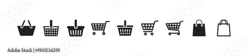 Collection of ten black shopping basket and bag icons, representing retail, e-commerce, and store services