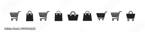 Set of ten black shopping cart and bag icons, perfect for e-commerce websites, retail apps, and store designs