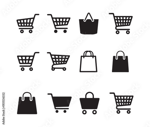 Set of twelve black shopping cart, bag, and basket icons for e-commerce, retail, and marketing purposes