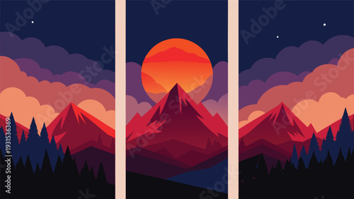 A majestic landscape showcasing a serene forest with a vibrant sunset and a mysterious moonrise Vector