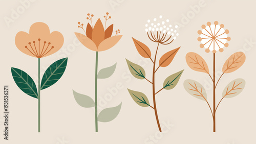 A vibrant illustration of various plants and flowers in a nature-inspired design Vector