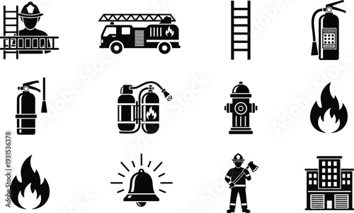Firefighting icons set, firefighter equipment and emergency symbols collection, fire truck, extinguisher, hydrant, alarm bell isolated on white background