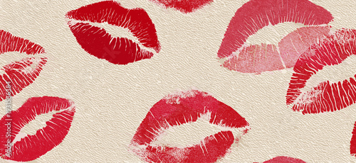 Red lipstick kiss marks covering a cream textured paper surface, creating a playful pattern. Red lipstick kiss marks seamless pattern on textured paper