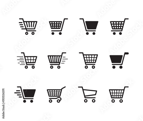 Shopping cart icons collection black solid simple flat style fast shop symbol delivery web design e-commerce