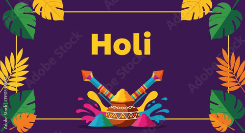 Vibrant Holi celebration illustration with colorful powders and paintbrushes surrounded by leaves on a dark background