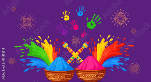 Vibrant holi celebration with colorful powder splashes and handprints in the air, symbolizing joy and festivity