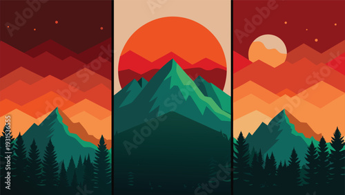 A serene landscape with rolling hills and a vibrant sunset sky Vector