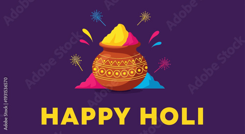 Celebrating Holi with vibrant colors and festive decorations, a joyful illustration of a traditional Indian pot surrounded by colorful powders and splatters.