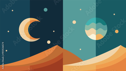 A vibrant depiction of two crescent moons rising over a mountain range at sunset Vector