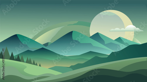 A serene moonlit landscape with majestic mountains and a tranquil forest. Vector