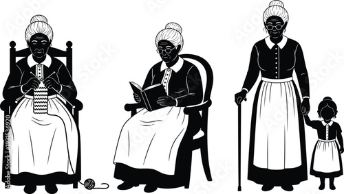 Grandmother silhouettes collection featuring an elderly woman knitting, reading a book, and walking with a grandchild isolated on white background for family designs.