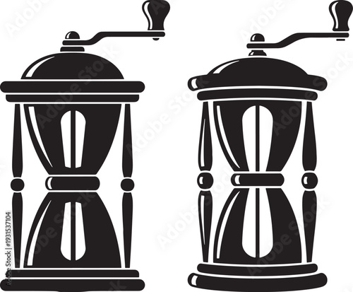 Vintage Coffee Grinder Hourglass Style Silhouette, Black and White Vector