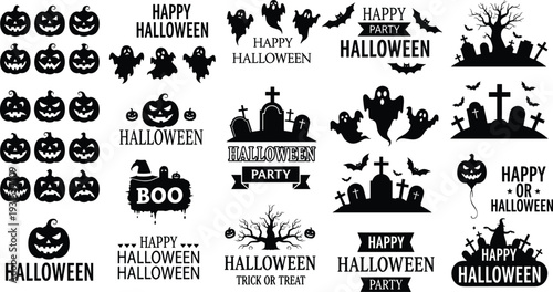Halloween Silhouette Vector Set with Jack O Lantern Pumpkins, Ghosts, Bats, Graveyard Scenes, Haunted Trees, Spooky Party Labels, Cad Drawing Flat Vector Illustration