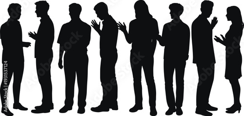 Group of people talking and interacting, silhouette collection of men and women in conversation isolated on white background for social communication concept