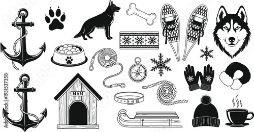 Winter Sled Dog Elements Set, Husky and German Shepherd Vector, Snowshoes, Sled, Mittens, Anchor, Dog House, Cad Drawing Flat Vector Illustration
