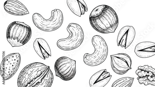 Hand drawn nuts collection illustration, almond, cashew, hazelnut, pistachio and walnut sketch set, vintage engraved food vector isolated on white background