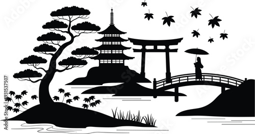 Japanese landscape silhouette with pagoda temple, torii gate and woman on bridge under falling leaves, oriental vector illustration isolated on white background