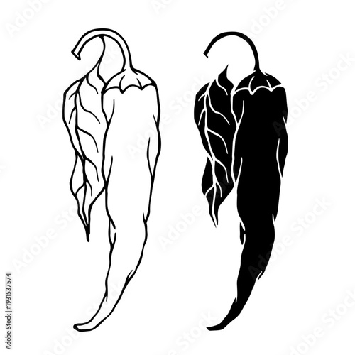 Line sketch, stamp of hot chili pepper pods. Simple vegetable doodles. Vector graphics.