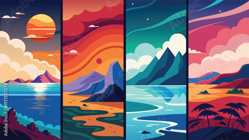 Vibrant landscapes showcasing the beauty of nature in four distinct scenes Vector