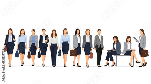 A diverse group of business professionals standing and sitting in various poses isolated on white background