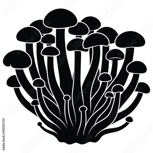 Brown Beech Mushroom Cluster Silhouette Vector — Shimeji Fungi Group Black Isolated Clipart