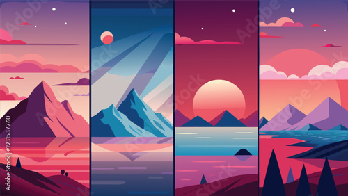 Vibrant landscapes with mountains, water, and celestial bodies in a surreal setting Vector