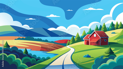 A vibrant countryside scene with a quaint house and lush green fields under a blue sky Vector