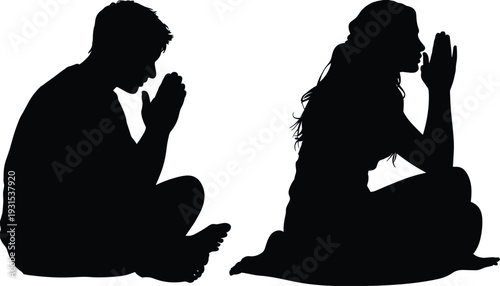 Man and woman praying with folded hands, spiritual meditation and faith concept silhouette isolated on white background vector illustration