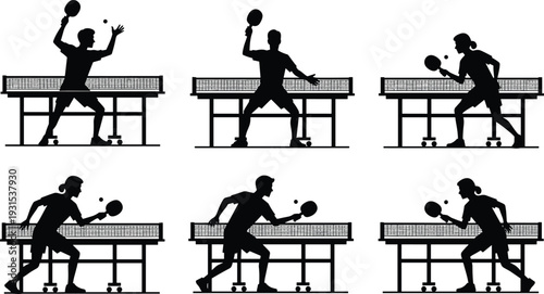 Black vector silhouettes of male and female players playing table tennis or ping pong in various action poses isolated on a white background. (24 words)