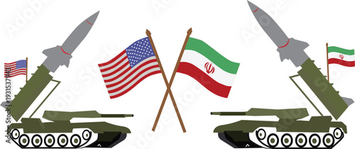 USA vs Iran conflict illustration with crossed flags and missiles