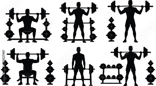 Black vector silhouettes of male athletes performing various weightlifting exercises including squats bench press and overhead lifts isolated on white background for fitness design. (25 words)