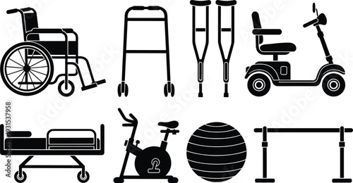 Black vector silhouettes of medical mobility equipment including wheelchair walker crutches mobility scooter hospital bed and physical therapy tools isolated on a white background. (24 words)