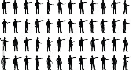 Man pointing gesture silhouette collection, multiple male figures indicating direction with arm extended, black vector set isolated on white background
