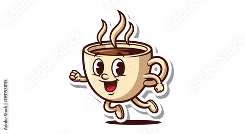 Happy Coffee Cup Running, Cartoon Character, Hot Drink Mascot