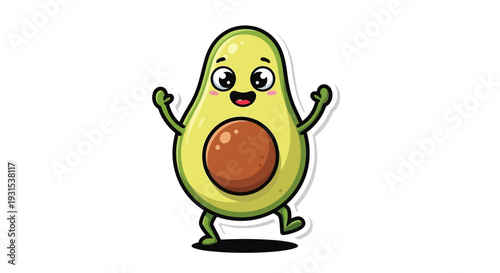 Cute cartoon avocado character dancing and smiling with eyes open
