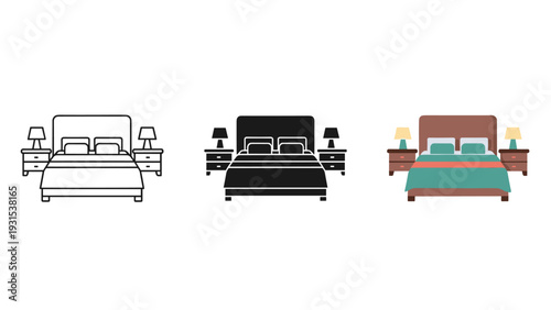 Three different colored bed designs with headboards and nightstands Vector