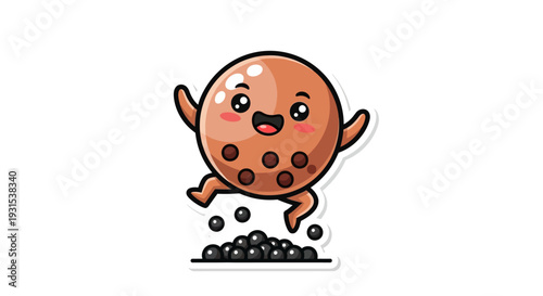 Cute cartoon boba tea character jumping with joy on tapioca pearls