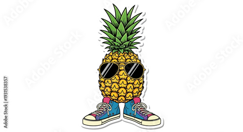 Cool cartoon pineapple character wearing sunglasses and sneakers, isolated on white