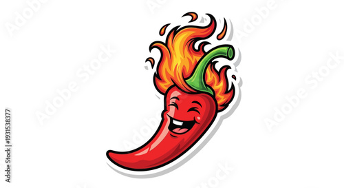 Happy Red Chili Pepper Character on Fire with Flames, Cartoon Style