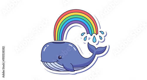 Cute Blue Whale Spouting Rainbow Water Cartoon Sticker